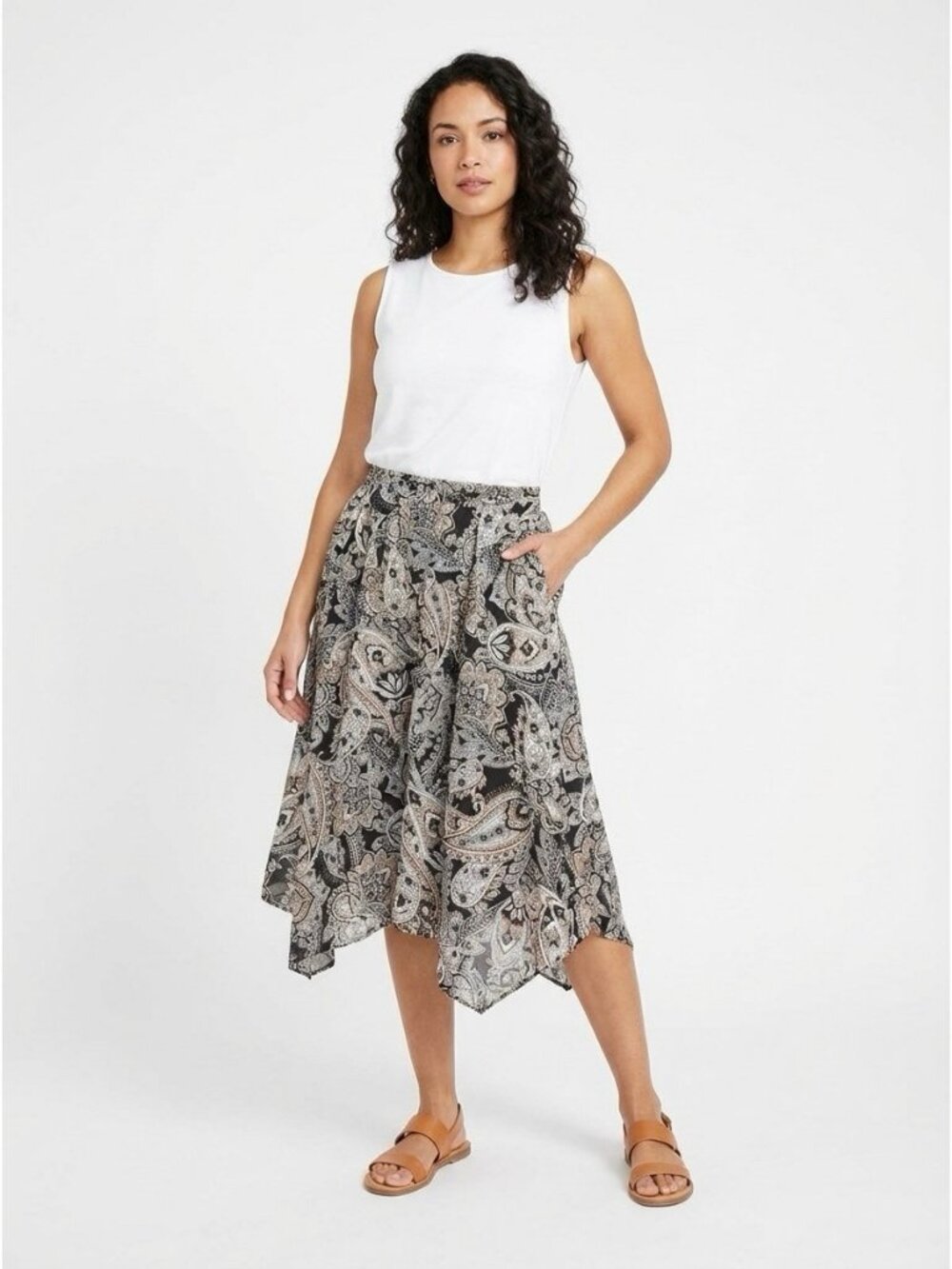 Jones New York Black Beige Printed Ruffled Skirt Size L MSRP $90